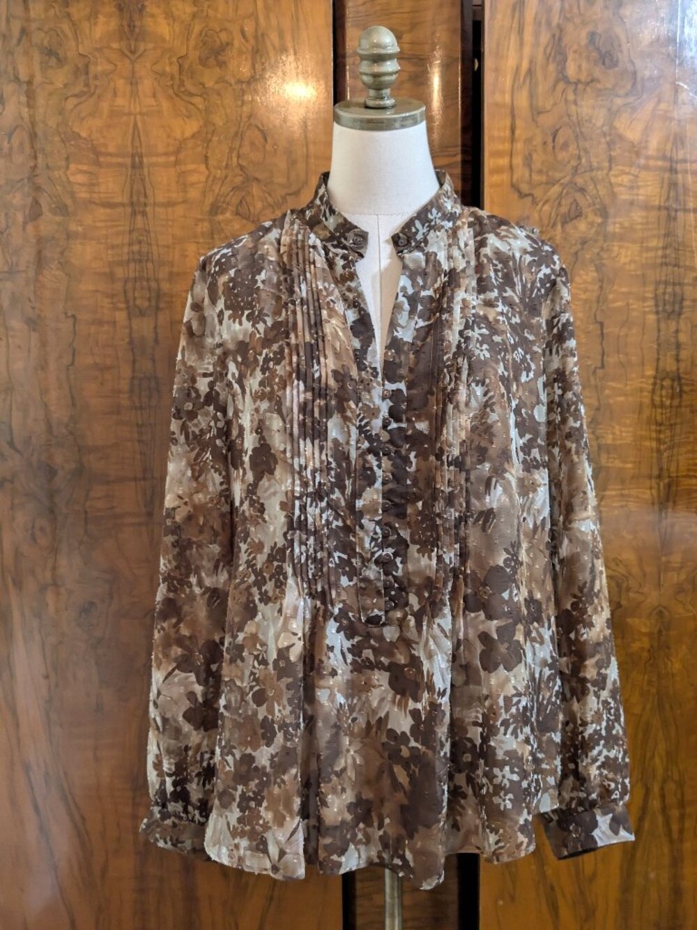 Coldwater Creek Brown Floral Pintuck Blouse XL 18 Lined Cottagecore Work